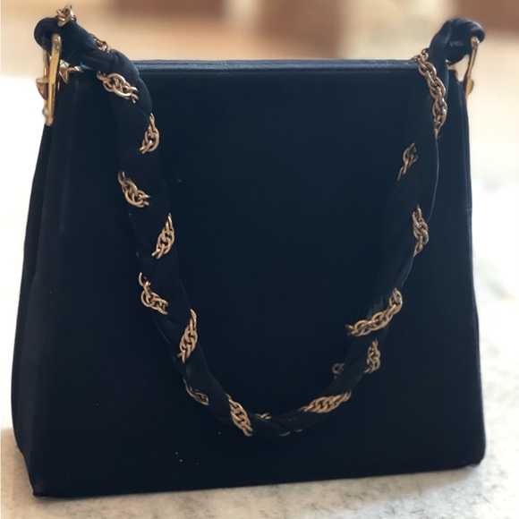 VTG Satchel Black velvety suede Custom Made by Calem Gold Chain Accent Handbag - Picture 13 of 13